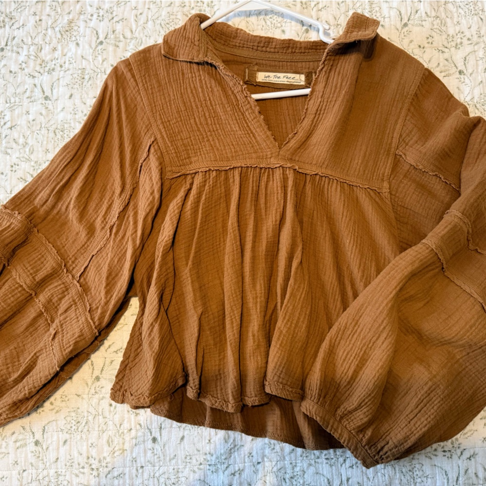 Free People Brown Smocked Puff Sleeve Blouse